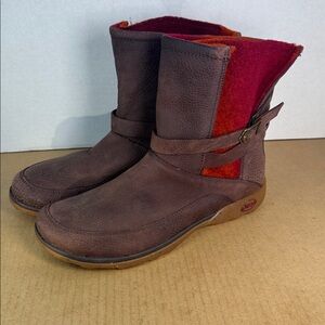 NEW Chaco Hopi Slip-on Boots Booties Brown Leather Red Orange Wool, Womens sz 11